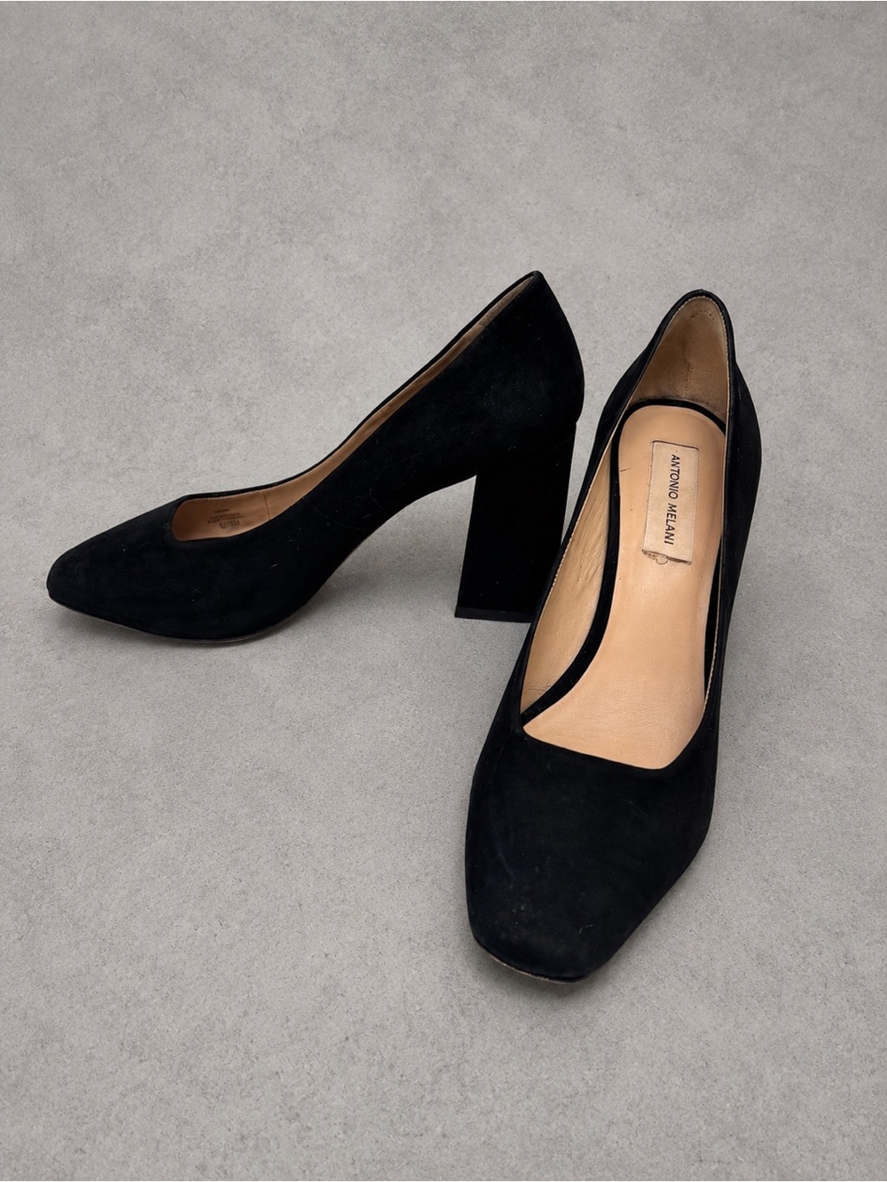 ANTONIO MELANI Black Suede Block Heel Pumps